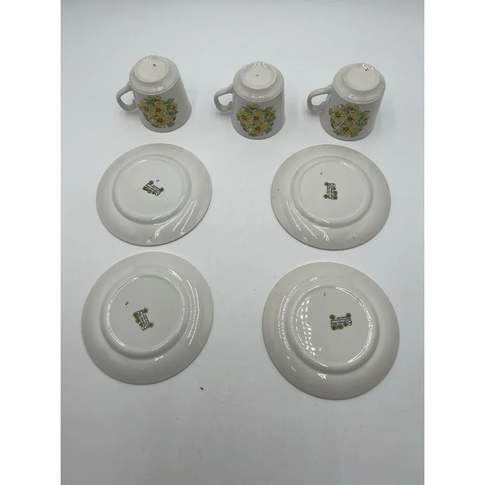 Staffordshire Summertime England 7 Pc Tea Set 3 Cups 4 Saucers Yellow Daisy